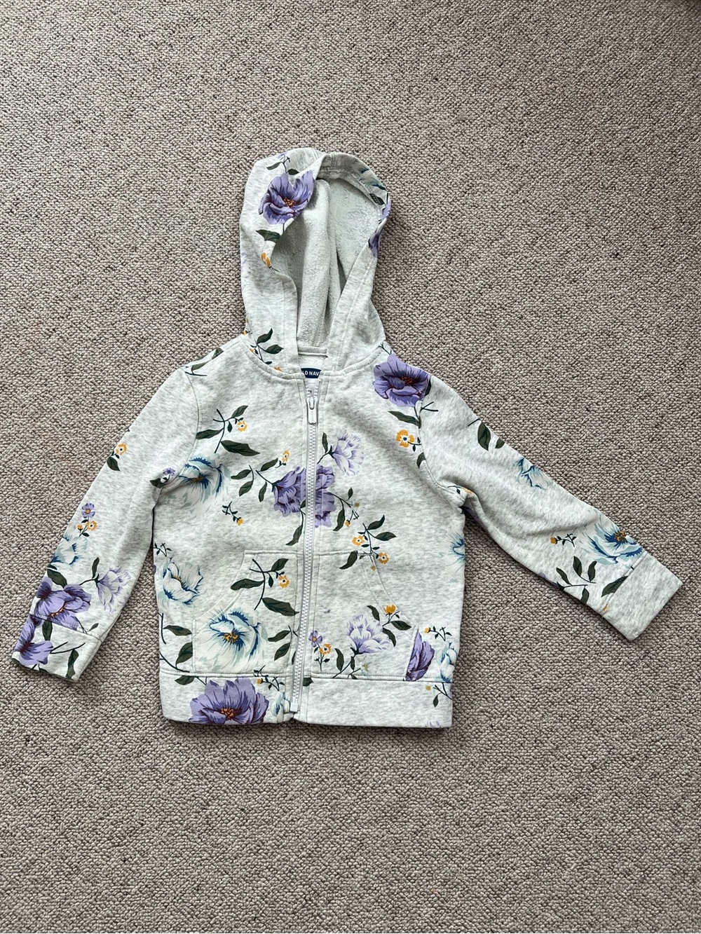 Old Navy 4T Girls' Light Gray Floral Zip Hoodie - Purple Floral Print